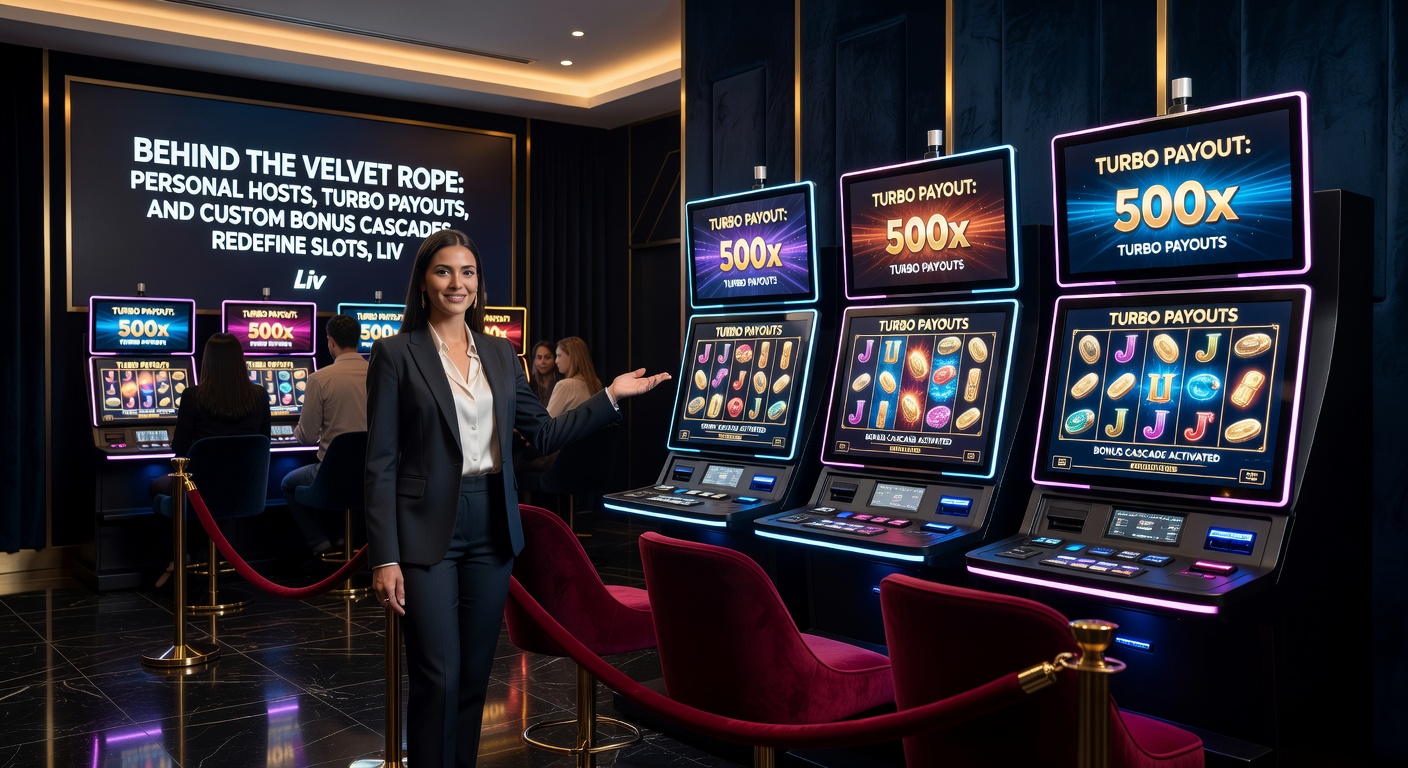 Dynamic digital screen displaying cascading bonuses on a vibrant slot game, with turbo payout icons and a personal host avatar in the corner