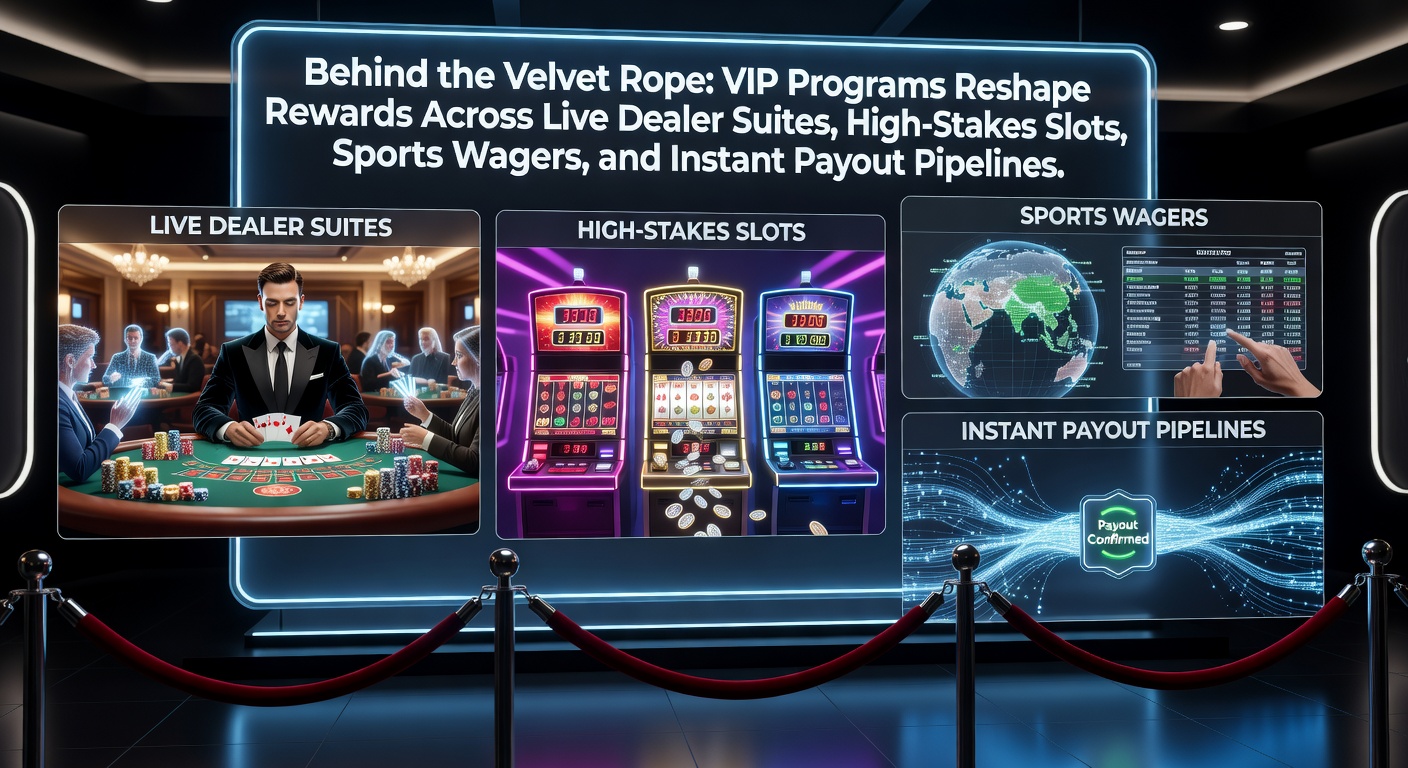 Glamorous VIP lounge in an online casino interface showing live dealer games, high-limit slots, sports betting odds, and instant payout icons glowing on a sleek digital dashboard