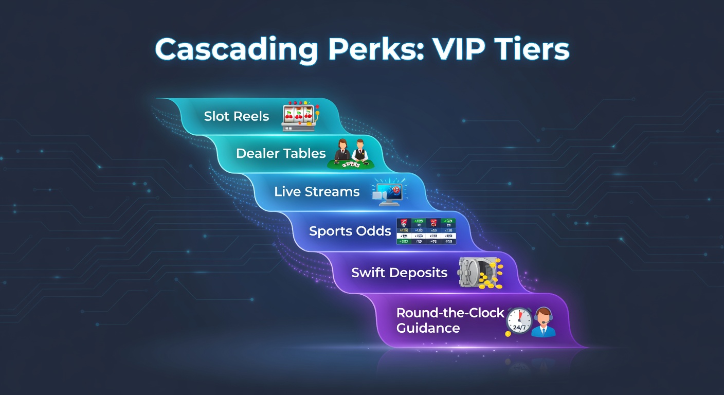 Vibrant display of cascading VIP rewards overlaying slot reels, live dealer tables, and sports betting interfaces in a dynamic online casino environment