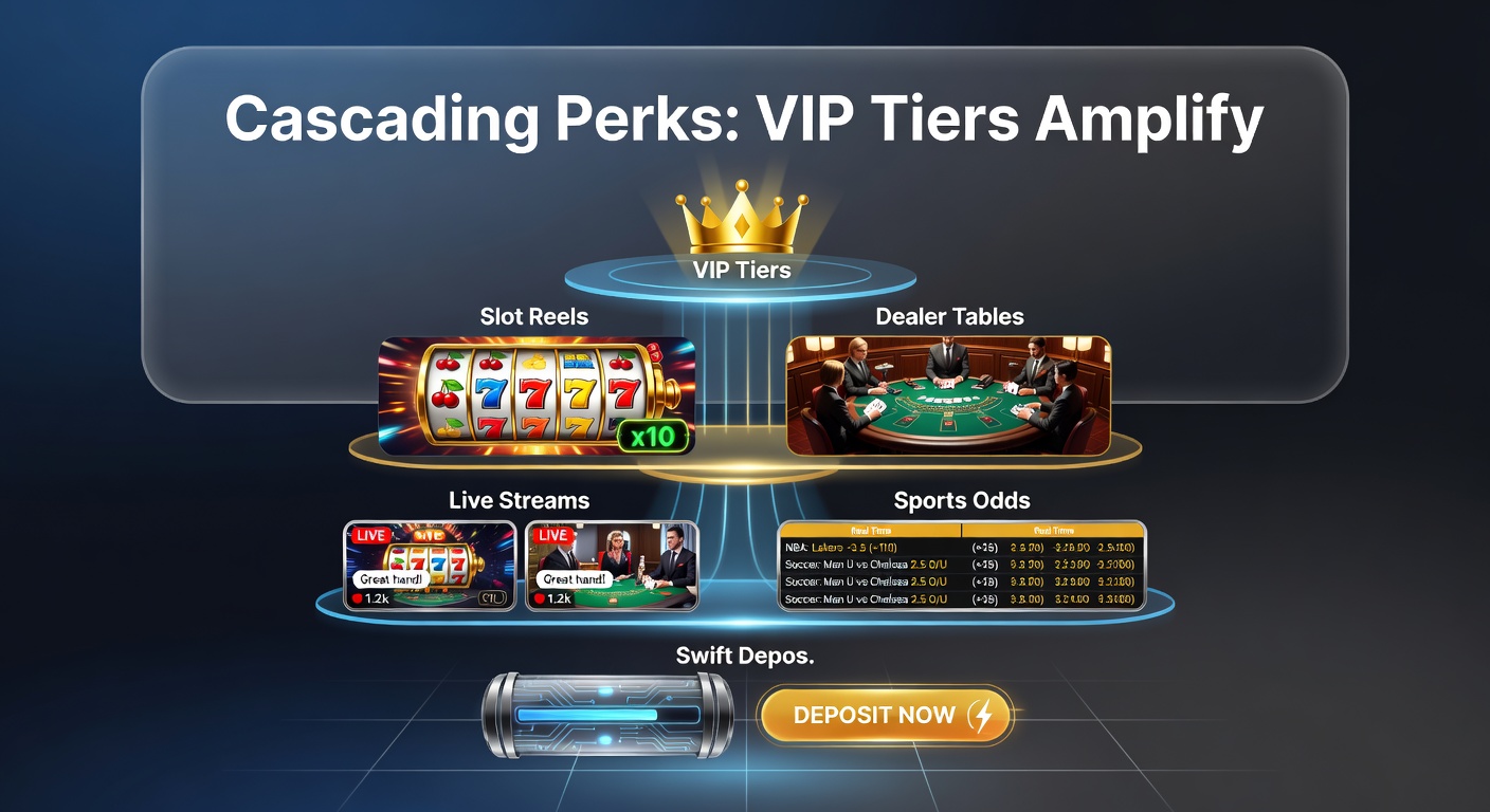 Elite VIP dashboard showing tier progression with icons for boosted sports odds, rapid deposit buttons, and 24/7 chat support amid glowing slot and table visuals