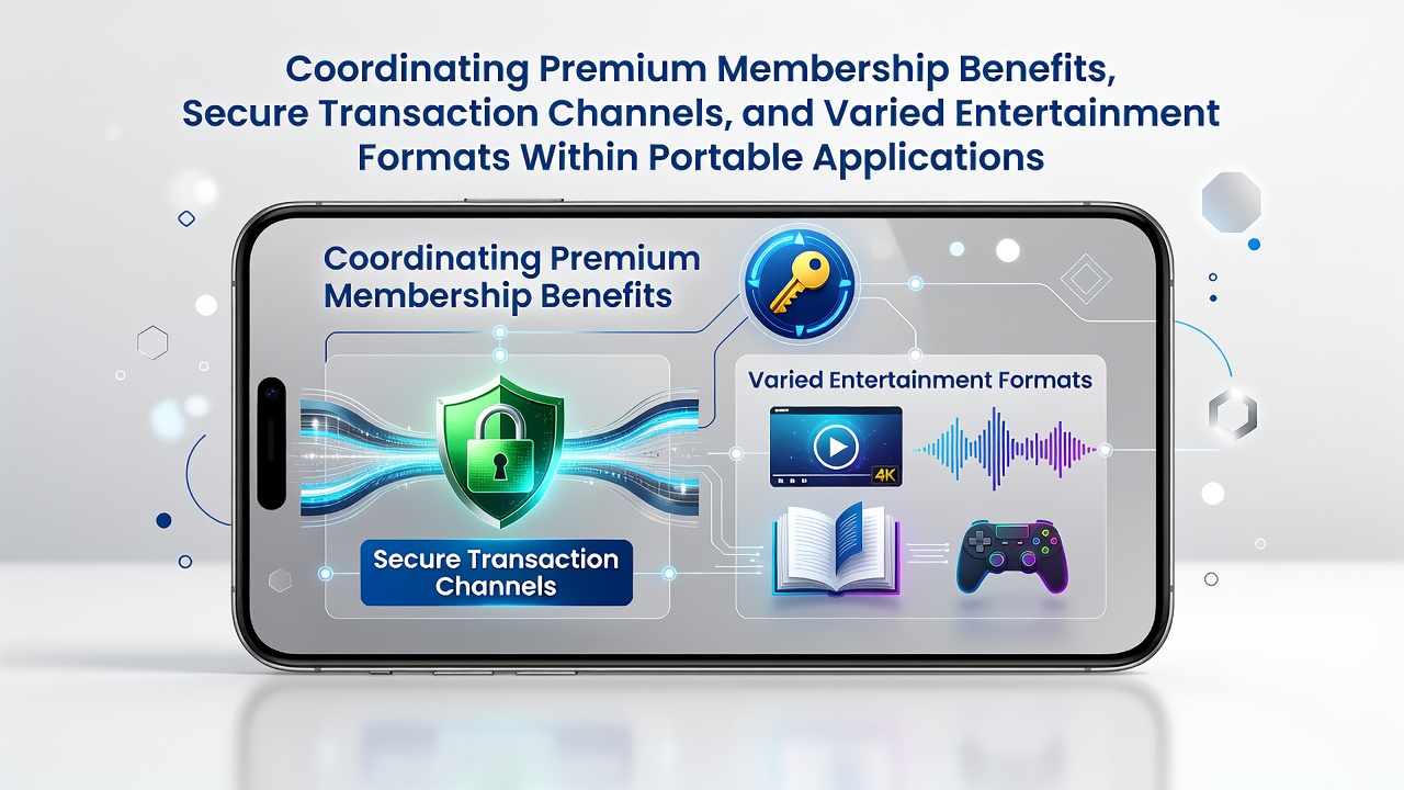 Mobile app interface showing premium membership dashboard with secure transaction options and diverse entertainment formats including games and media streaming