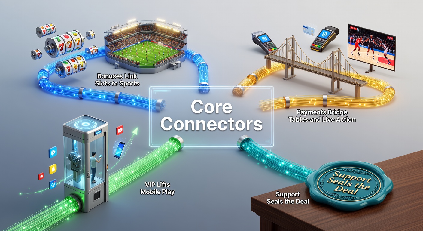 Dynamic graphic showing interconnected icons of slots, sports bets, payment gateways, VIP lounges, and support chat bubbles linking casino elements
