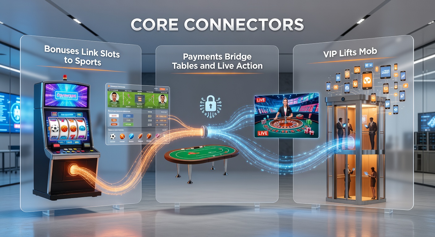 Vibrant scene of a mobile device displaying slots, sports odds, live dealer streams, VIP rewards, and payment confirmations all integrated in one interface