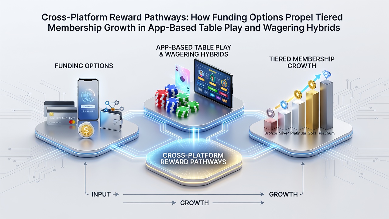 Cross-platform reward pathways diagram showing funding flows into tiered membership levels for table games and wagering hybrids