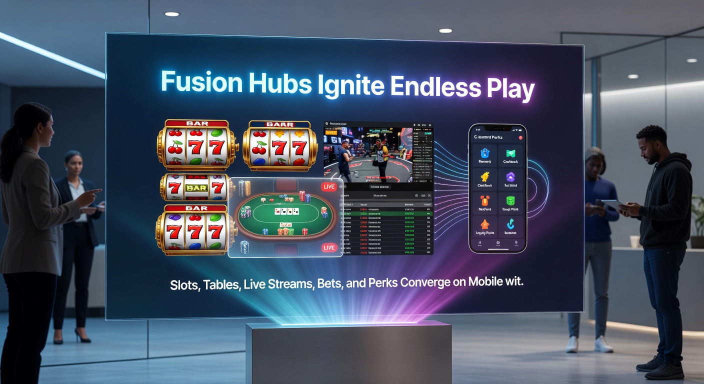 Dynamic fusion hub interface on smartphone showing live sports bet slip alongside spinning slot reels and dealer video feed