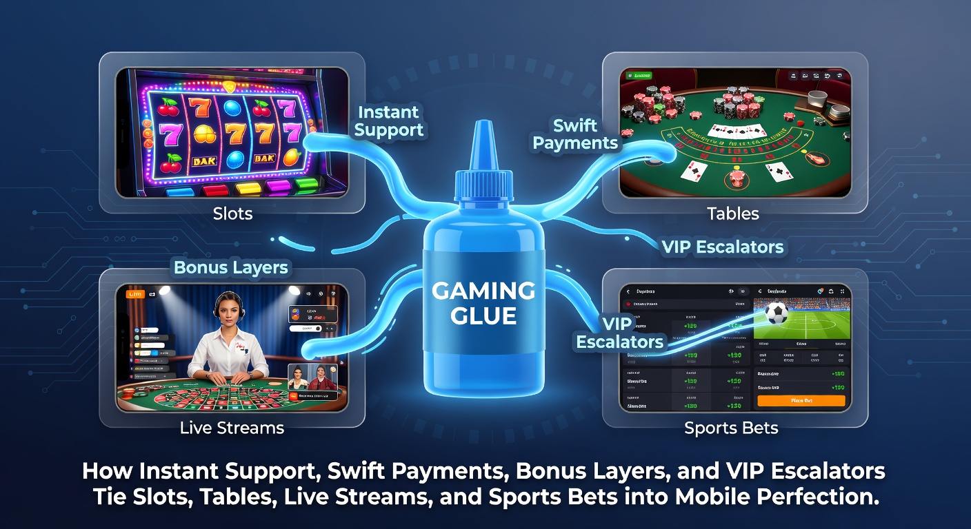 Vibrant mobile screen displaying interconnected gaming elements like spinning slots, live dealer tables, sports odds, and chat support icons blending into a unified interface