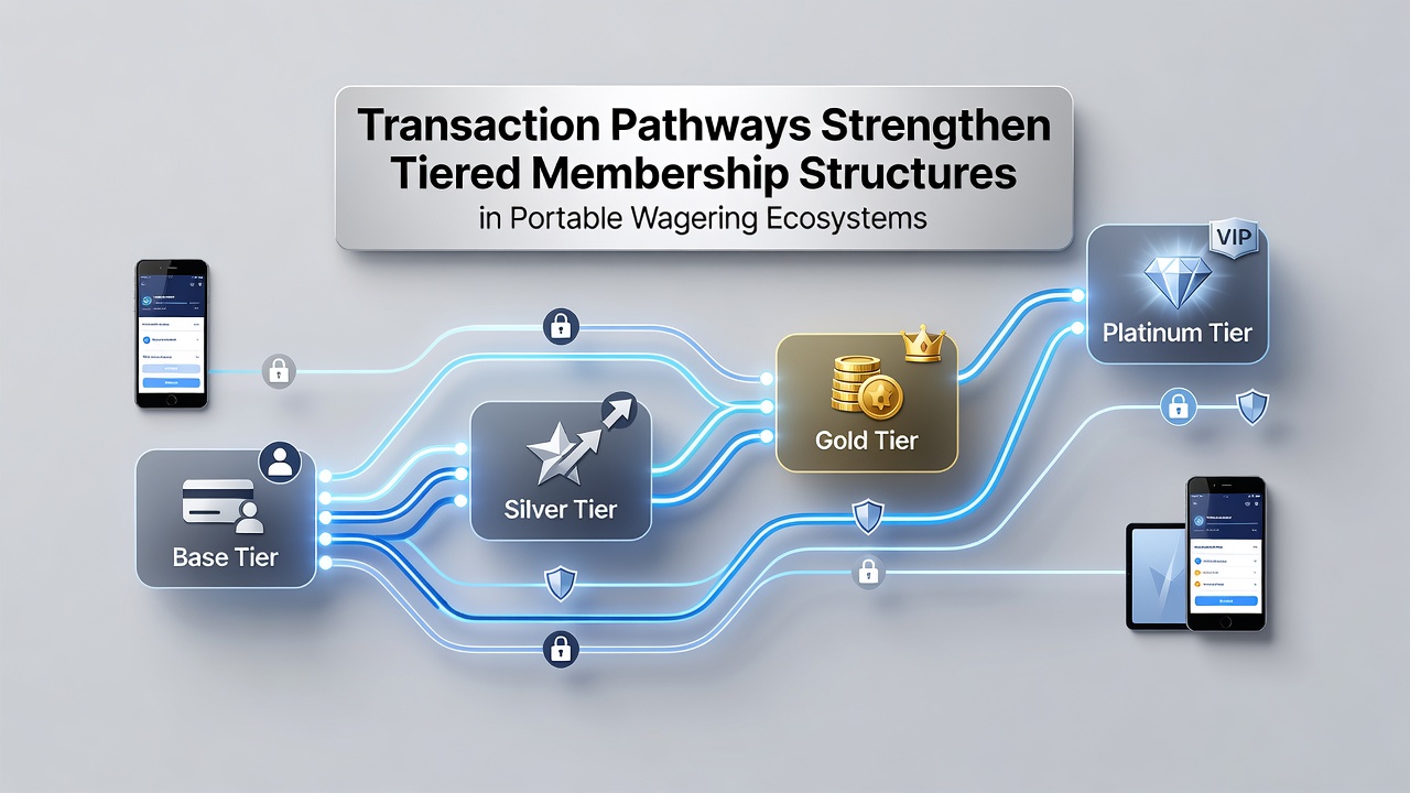 Mobile wagering interface showing tiered membership levels connected through secure transaction pathways