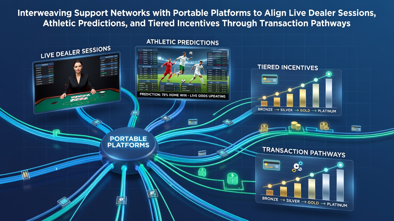 Illustration of interconnected mobile platforms linking support services with live dealer sessions and sports betting features