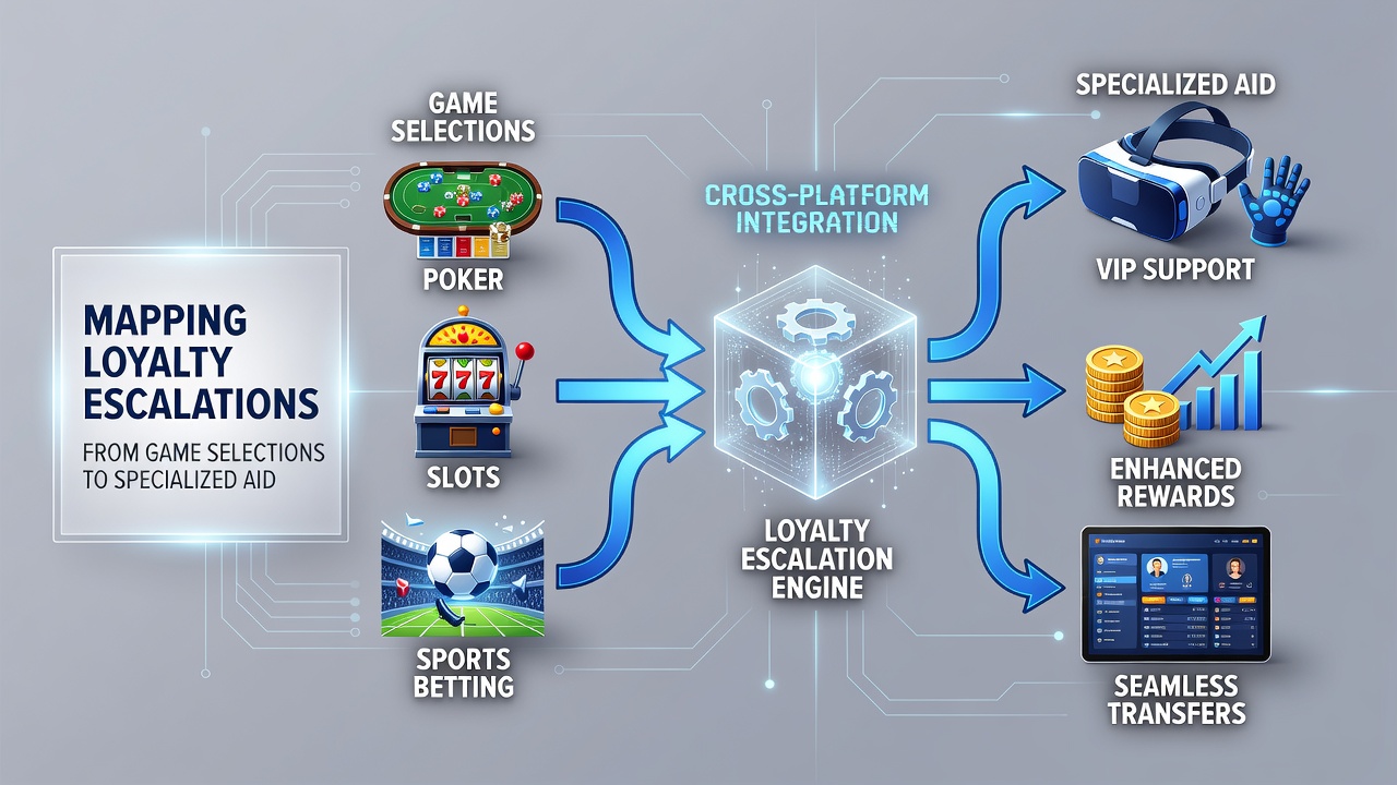 Diagram showing loyalty point flows from game selections through tiers to specialized support across platforms