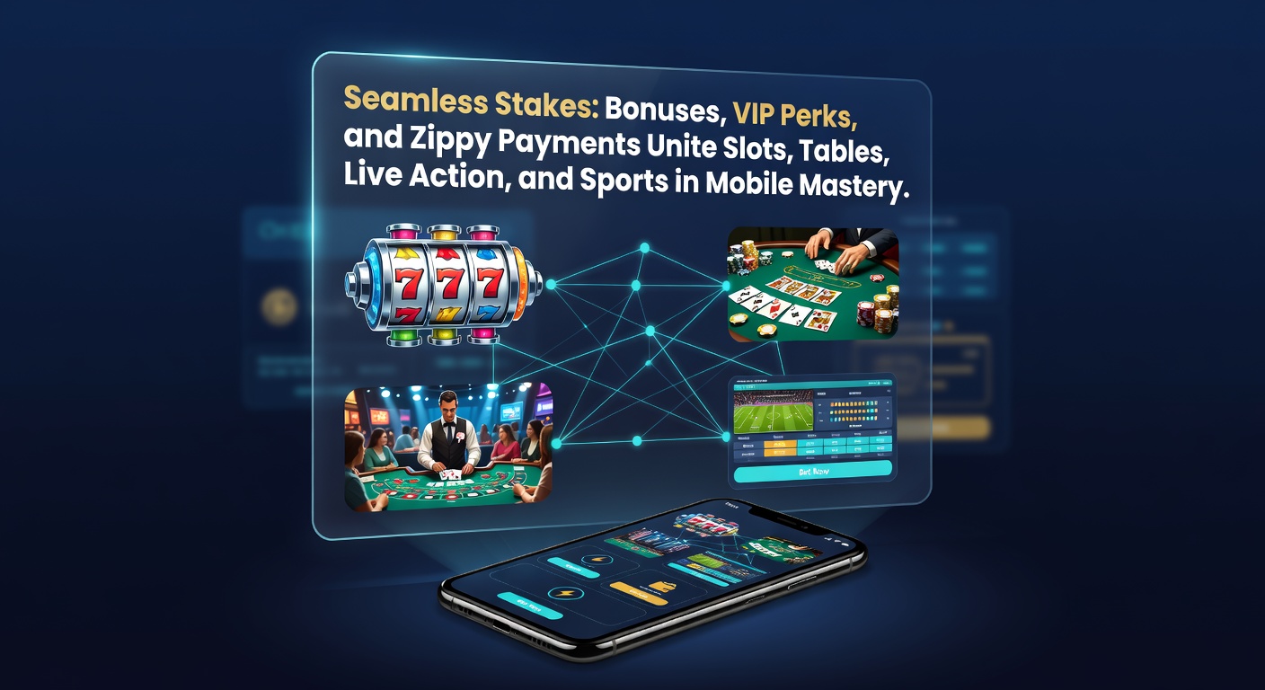 Vibrant mobile screen displaying slots, live dealer tables, sports betting odds, and bonus notifications in a unified interface