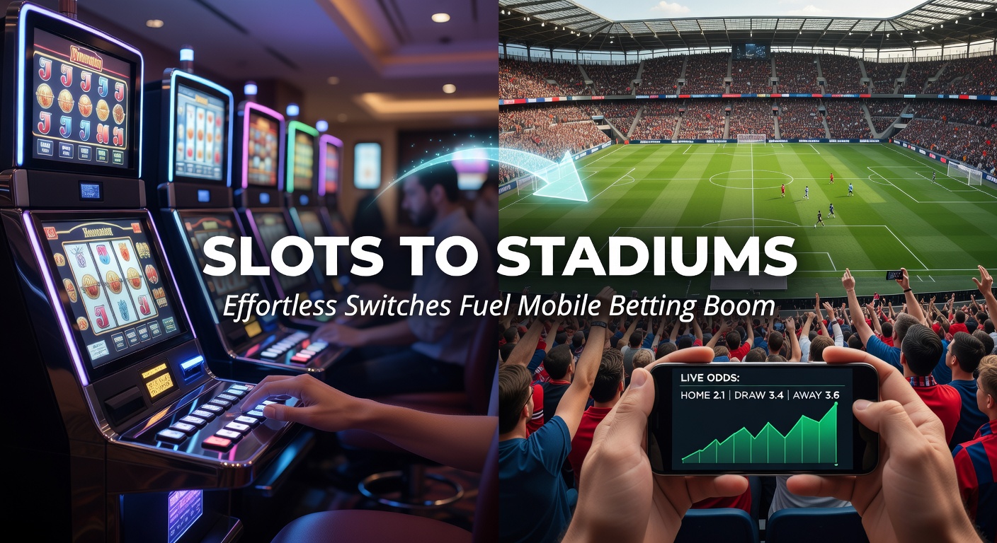 Mobile phone screen displaying a seamless switch from slot machine reels to live sports betting odds on a stadium event