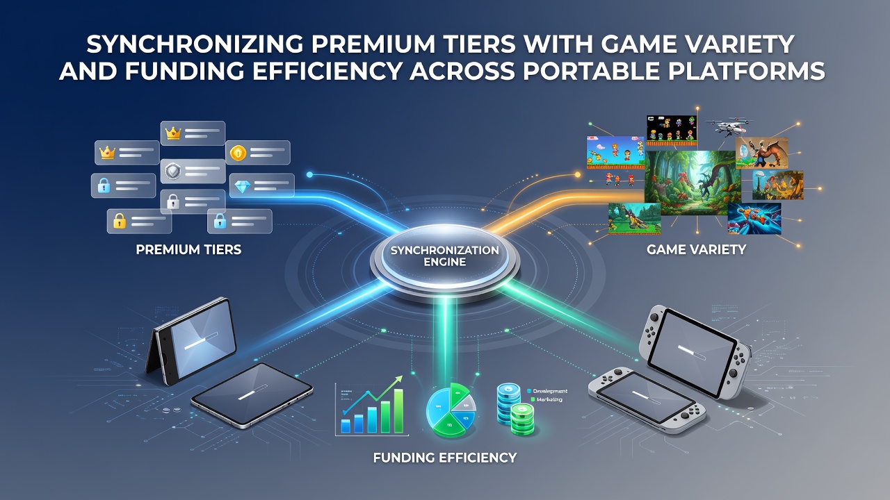 Mobile gaming interface displaying synchronized premium tiers alongside diverse game selections and funding options