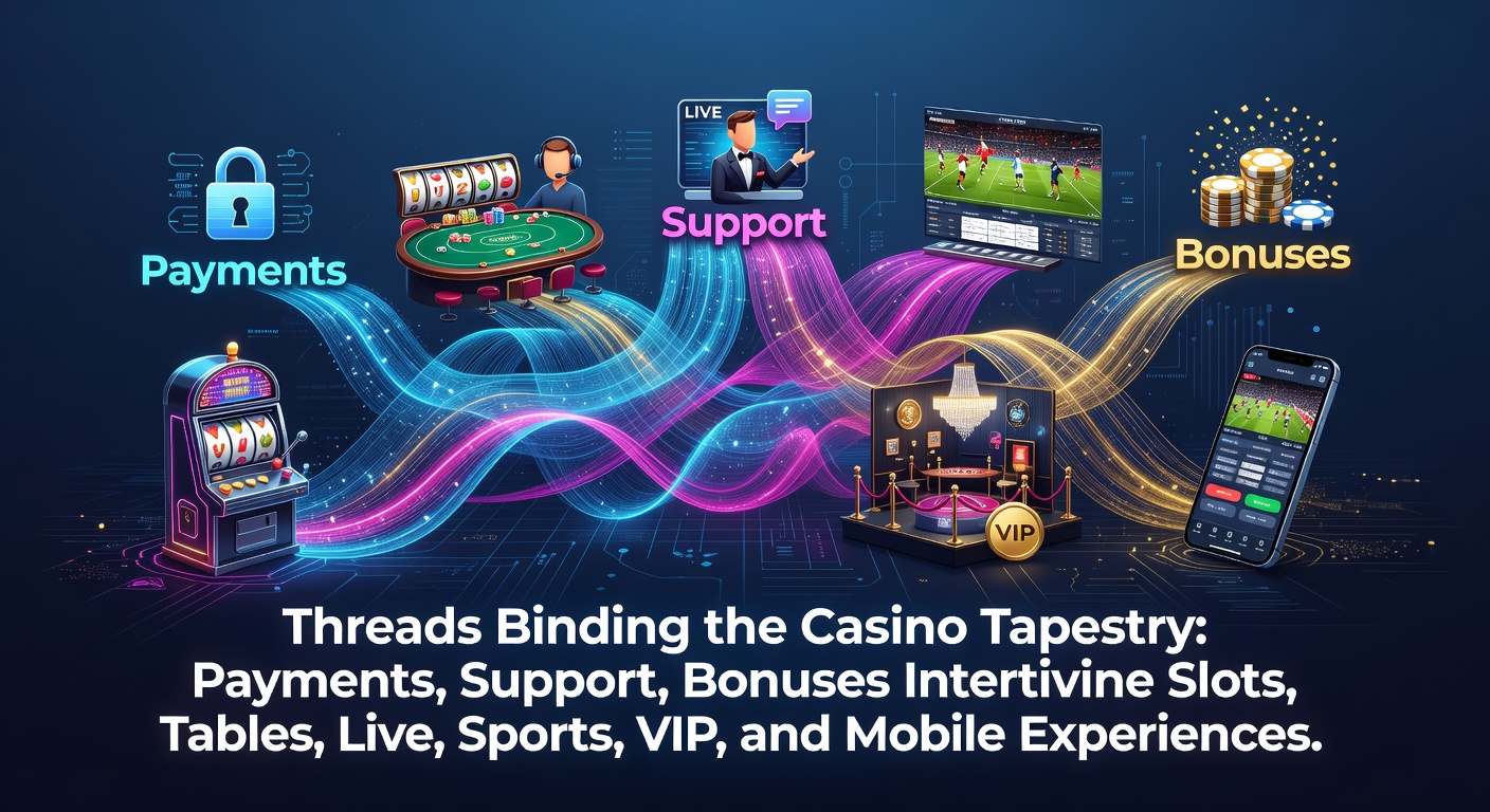 Dynamic digital casino interface showing interconnected slots, live tables, sports betting odds, and mobile payment icons glowing in a unified dashboard