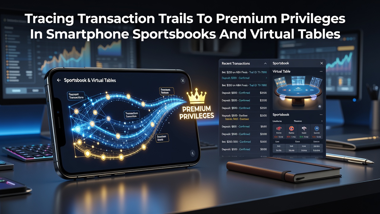 Smartphone displaying sportsbook interface with transaction history and VIP tier indicators overlaid on a virtual roulette table background