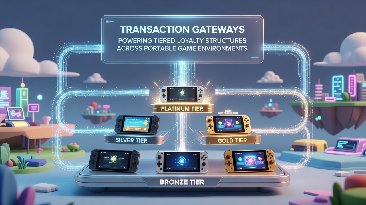 Mobile device displaying tiered loyalty dashboard connected to transaction gateway with real-time reward updates