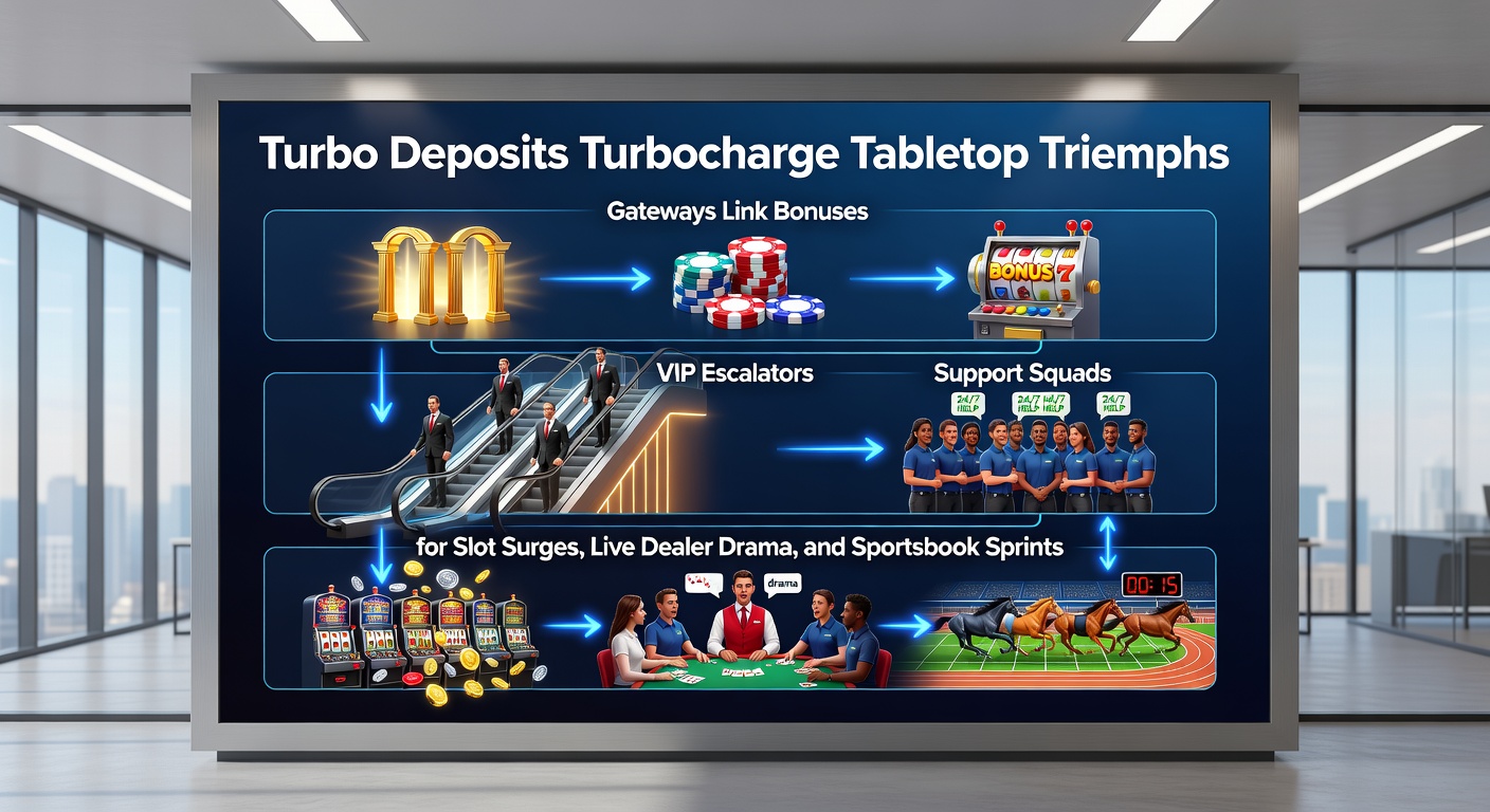Dynamic illustration of lightning-fast deposit icons linking to exploding slot reels, live dealer tables, and racing sportsbook odds, symbolizing turbocharged gaming action