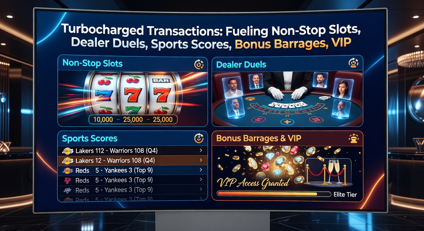 Vibrant scene of mobile devices exploding with casino features—slots, sports bets, VIP vaults, and bonus icons—powered by swift payment streams